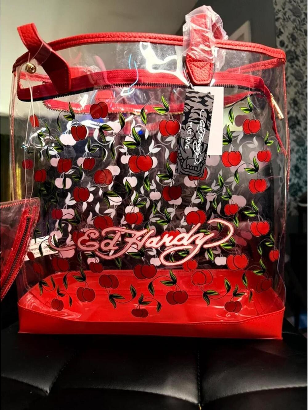 Ed Hardy Clear Cherry Tote Bag Large PVC Swim Beach Bag w Pouch NWT Y2K